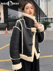 Luxury Women Winter Thick Warm Wool Lining Moto Biker Natural Shearling Coat Real Fur Jacket Boyfriend Style Loose Fit Overcoat