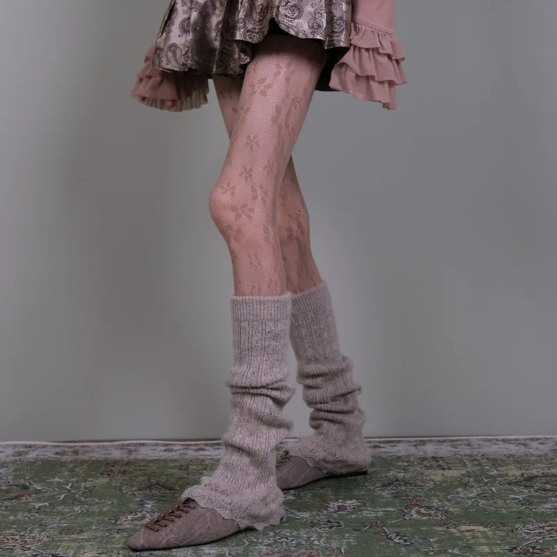 French Aesthetic Layered Stockings Set, Skin Tone Jacquard Mesh Pantyhose & Light Coffee Hollow Knit Leg Warmers, Daily Matching