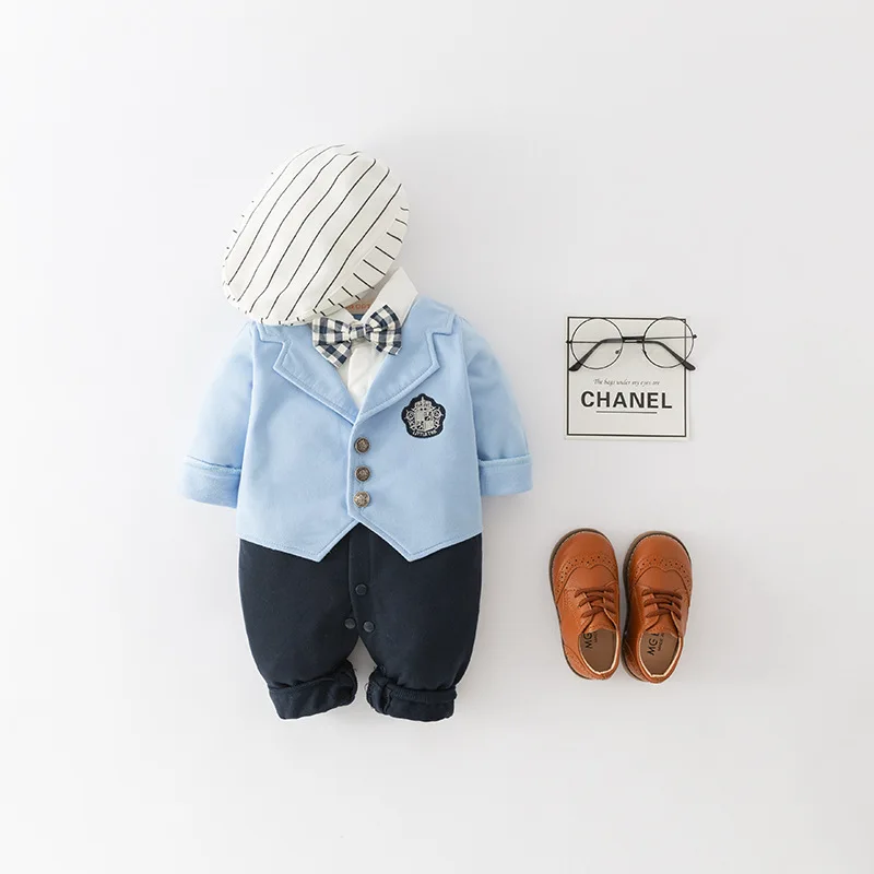 

Vintage Blue Bowtie Baby Boy Gentleman Suit Romper 2pcs Set Fall Long Sleeve Boys Clothes Newborn Infant Bodysuit with Hat
