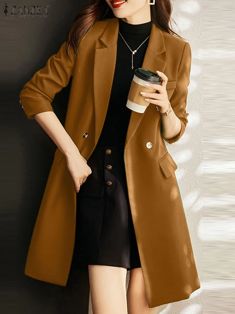 Fashion Autumn Women OL Work Blazer Suits Long Sleeve Lapel Neck Jackets ZANZEA Vintage Solid Long Coats Female Holiday Outwear