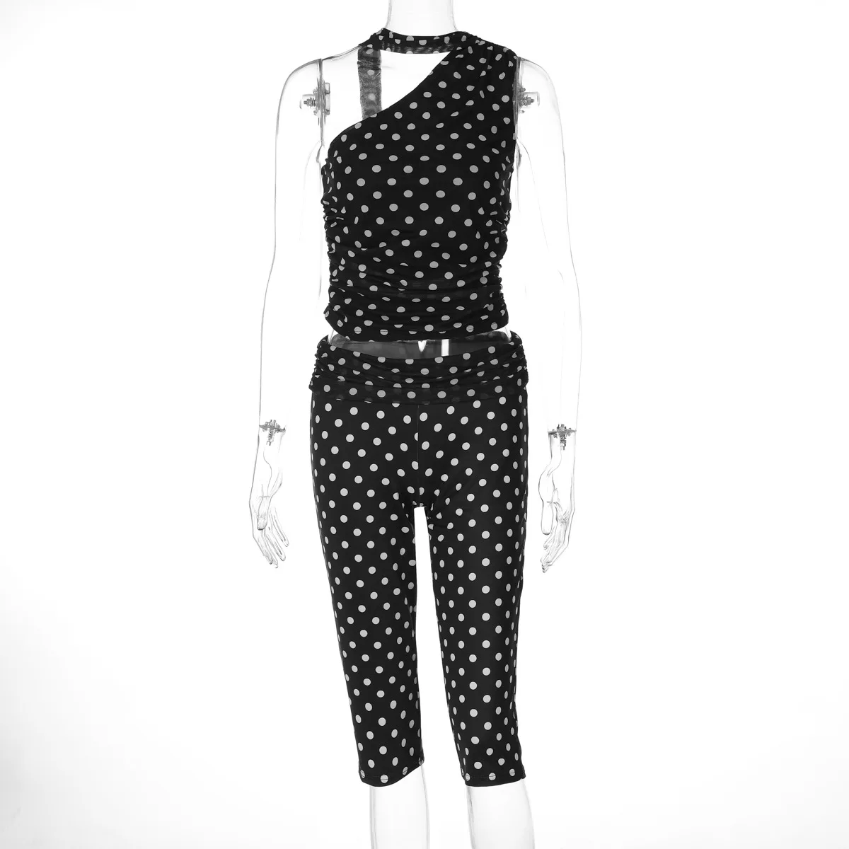 

Женский повседневный комплект из 2 предметов в горошек с сетчатым принтом в стиле пэчворк на одно плечо с лентой без рукавов и рюшами на бретелях + брюки длиной до икры