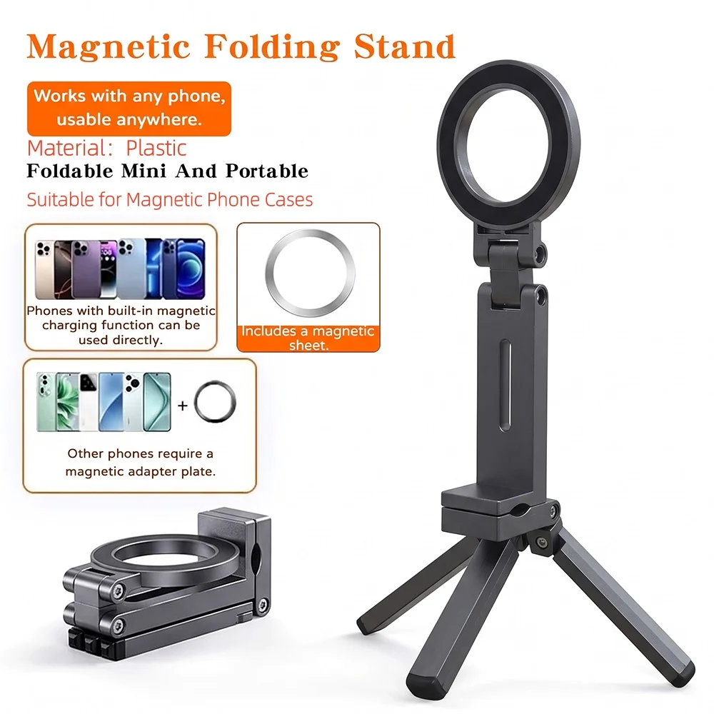 Suporte Magnético Dobrável para Celular, Tripé Portátil com Rotação 360° Ajustável, Suporte Magnético para Viagem com Fixação por Grampo.
