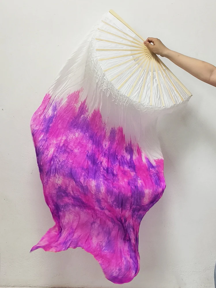 Tie-Dyed 100% Silk Veil Colored Women Stage Performance Customizable Bamboo Belly Dance Silk Fan (2pcs)