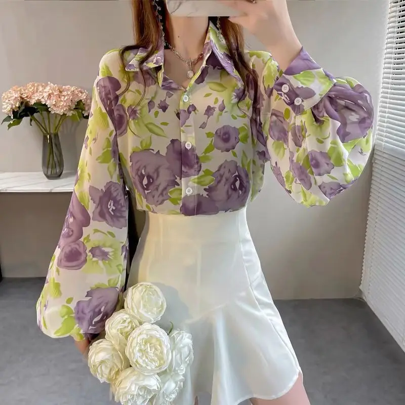 2024 New Bishop Sleeve Chiffon Tops Summer Unique Loose Printing Women Flip Collar Single-breasted Long Sleeves Large Size Shirt