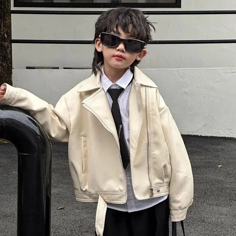 

2026 New Girl Boys' Leather Jacket Children's Coat PU Jacket Children's Clothing Cartoon Zipper Leather Jacket Kids Top