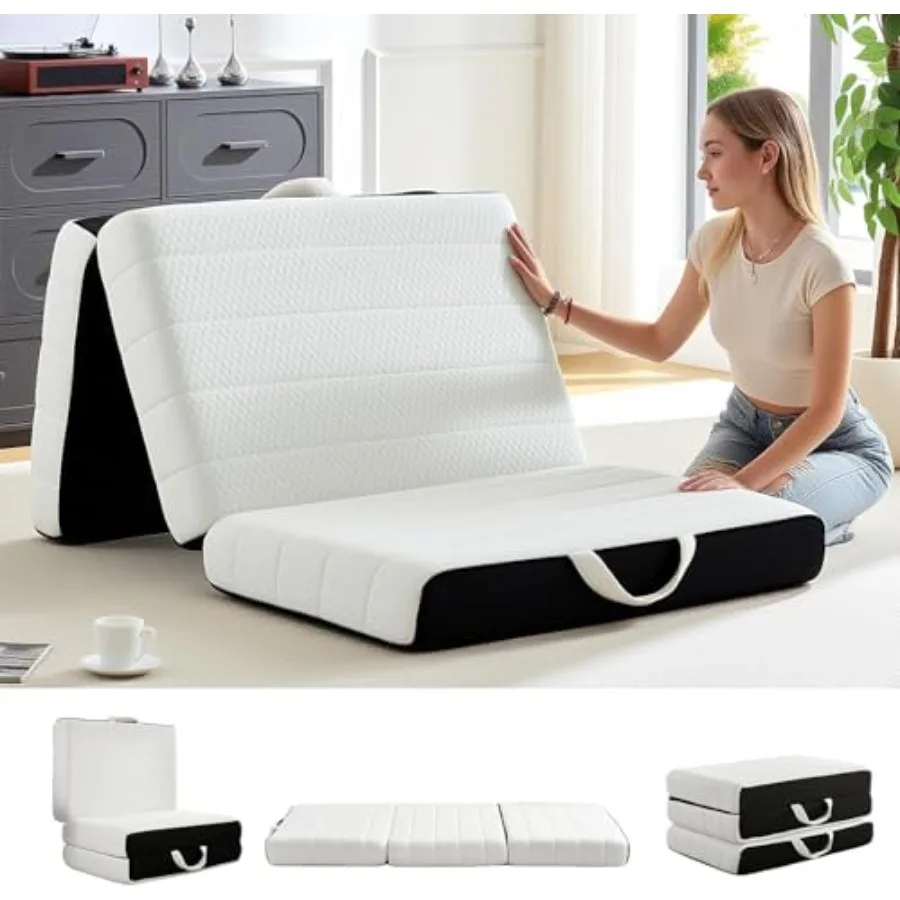 Portable tri-fold memory foam mattress with washable cover, black, foldable for guest rooms, yoga, living room, and camping use