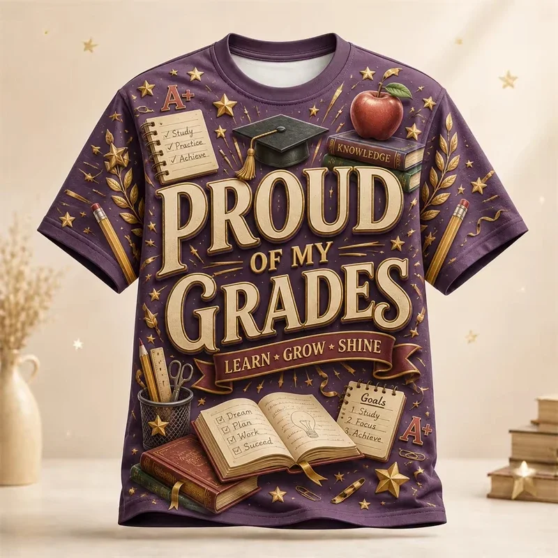 Men T Shirt Proud Of My Grades Learn Grow Retro 3d Print Book Pencil Short Sleeve Top kids Back To School Casual Tees Unisex