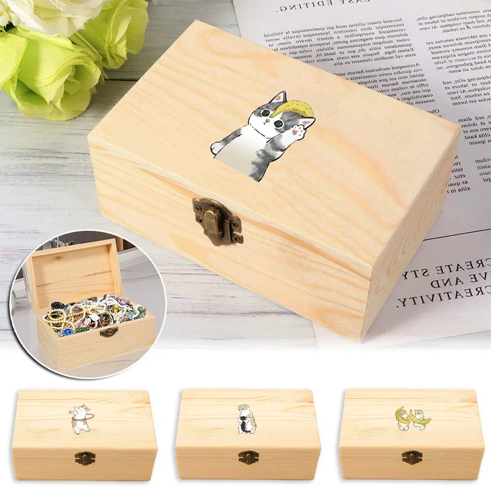 Creative Wooden Durable Craft Metal Buckle Miscellaneous Storage Box Personalized Print Flip Top Wooden Box Cat Pattern