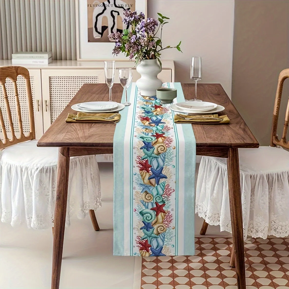 Colorful Coral Shell Starfish Print Linen Table Runner Party Decor Summer Ocean Theme Kitchen Dining Table Runners Wedding Decor