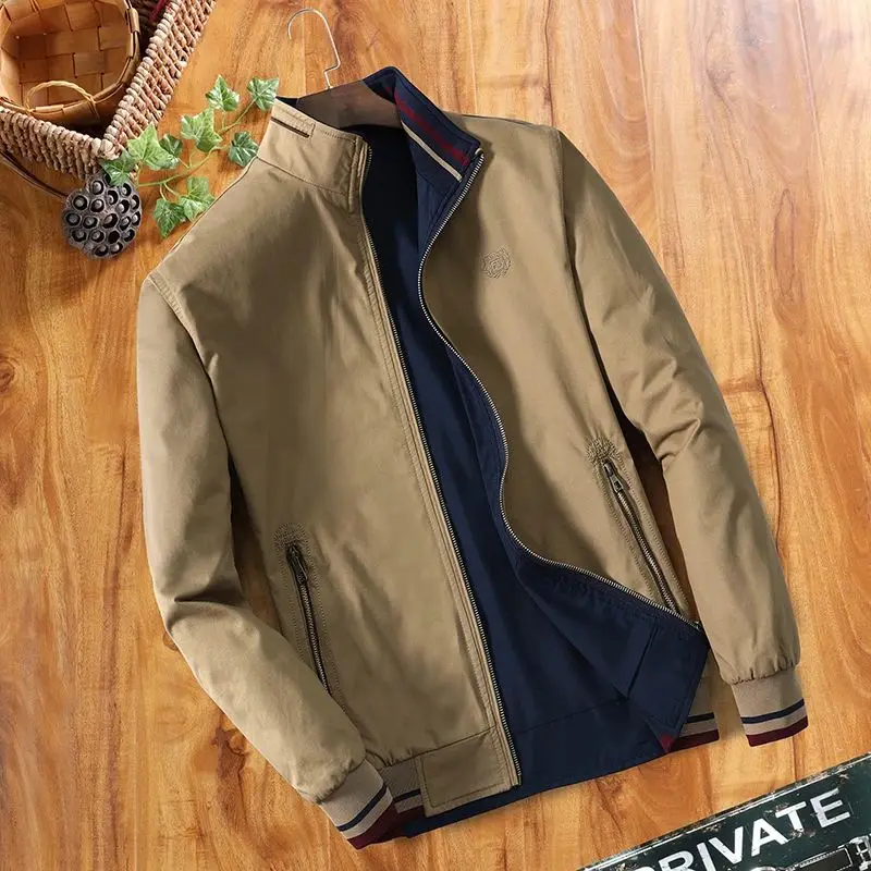 

Men's Double-Sided Wear Windbreaker Jacket Short Length V-Neck Seven Sleeve Autumn Season Simple Style Baseball Pilot Jacket