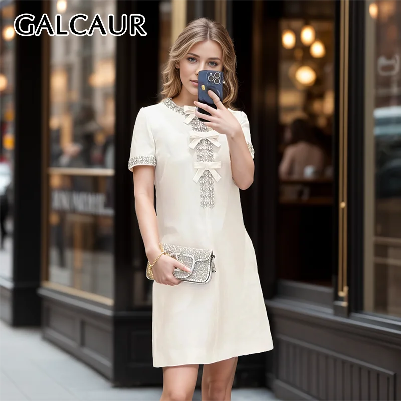 

GALCAUR Bow Women Dress Round Neck Short Sleeve Patchwork Dismonds Loose Folds Casual A Line White Dress Female Summer Clothes