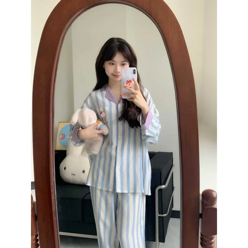 SanrioHello Kitty Silk Pajamas Women's Autumn Cotton Long Sleeve Two-piece Set Casual Women's Pajamas Homewear Pajamas Pants Set