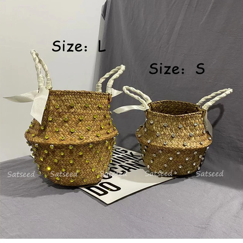 Handmade Sewing Holiday Fashion Crystal Woven Basket Diamond Tote Luxury Beach Resort Retro Handbag Bag Women Design Straw 2023