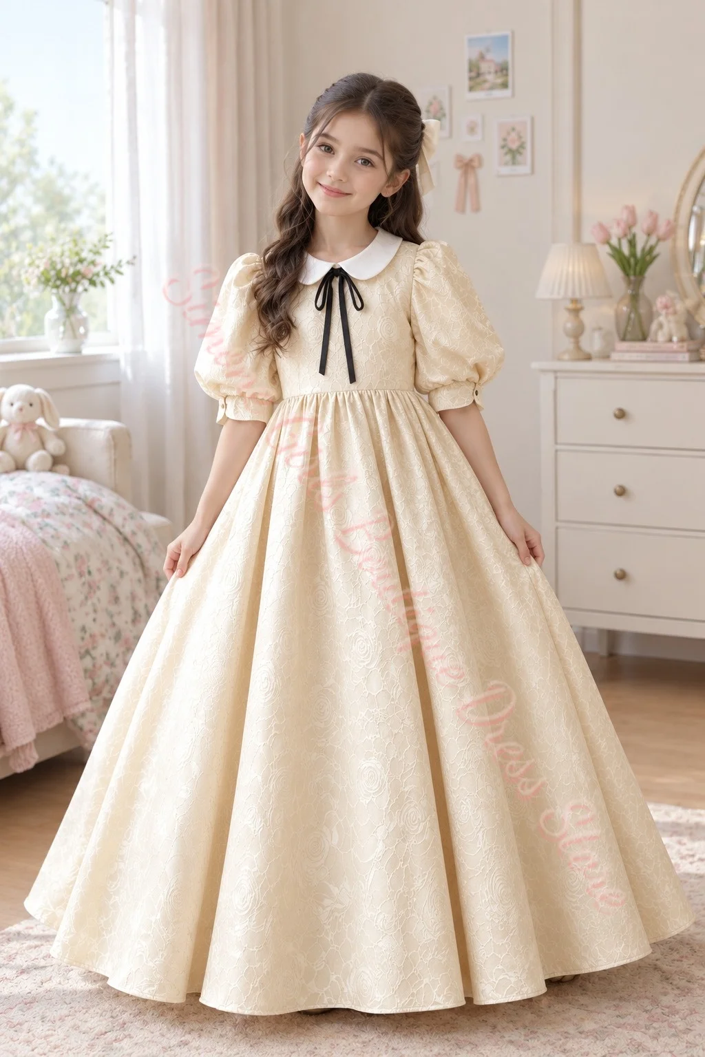 Großhandel Rosé Mädchenkleid mit Goldenen Puffärmeln Elegantes Blumenmädchenkleid für Hochzeitszeremonien Formelle Feiertagsfeierlichkeiten Maßanfertigung – Detail 3