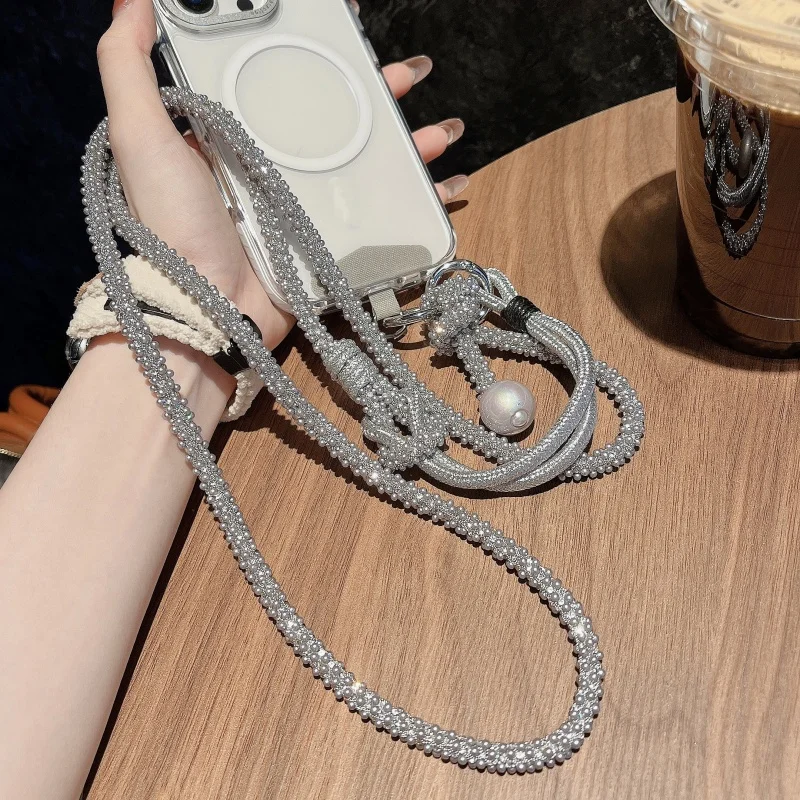 New Luxury Sparkle Rhinestone Bead Phone Strap Charm Long Chain Knot Cellphone Lanyard Keychain Bag Camera Diagonal Hanging Rope