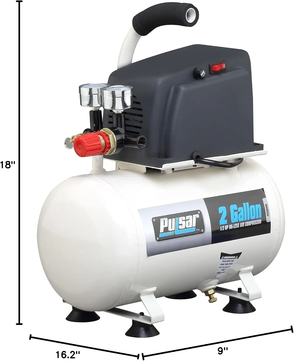 Portable Air Compressor — 2 Gallon Horizontal Tank, 100 PSI, 1/3 HP, Includes Hose and 6 Accessories, Model# PCE6021K