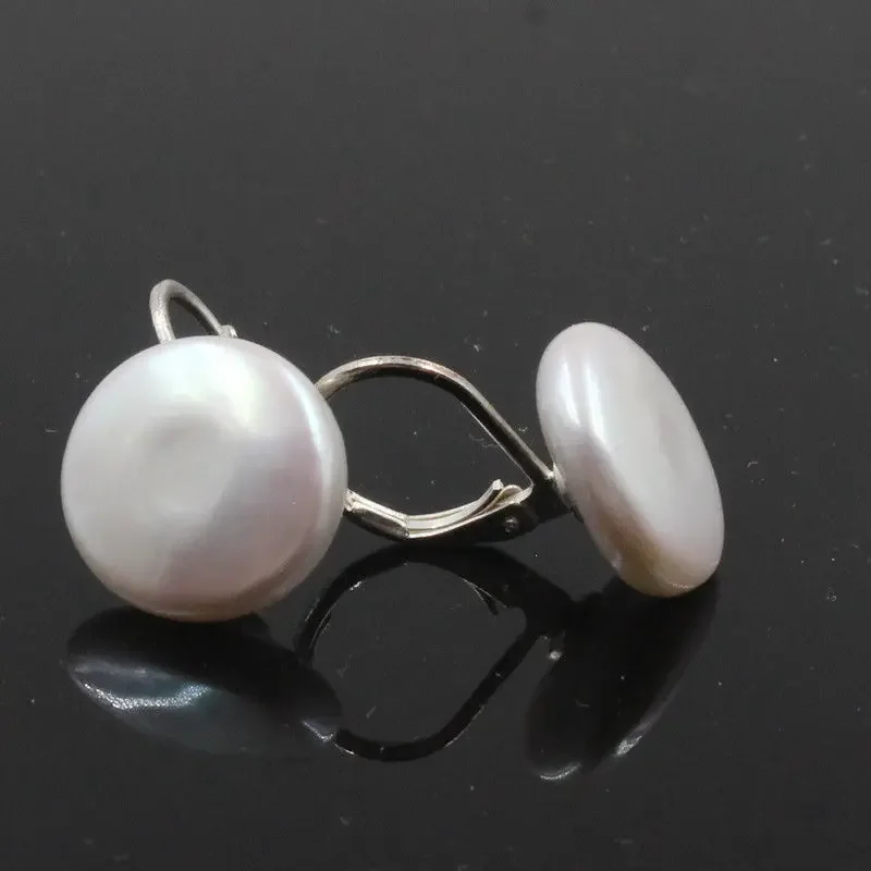 

Trendy 11-12mm Coin white freshwater cultured pearls silver Leverback earrings