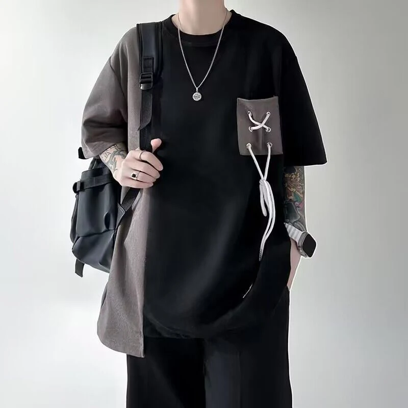 Camiseta de manga curta com cordão de bolso, gola redonda, bainha irregular, estilo harajuku, oversized, moda verão