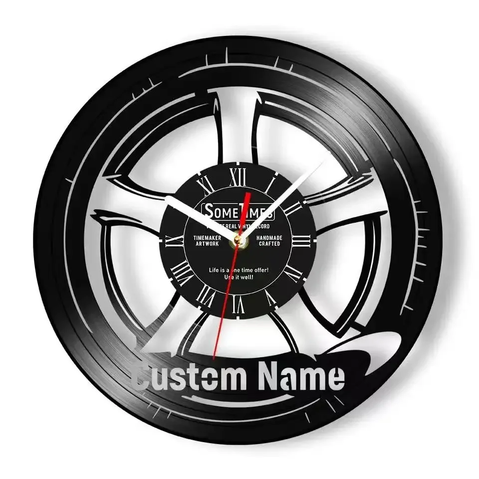 

Car Wheel Personalized Garage Display Sign Vinyl Record Clock Car Service Custom Tire Shop Name Wall Clock Race Car Party Gift