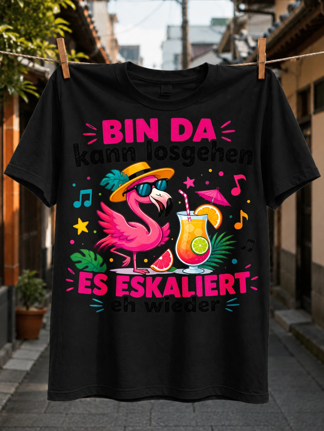 German Bin Da Kann Losgehen Es Eskaliert Eh Wieder Cute Flamingo with Citrus Cocktail Stars and  Unisex All T-Shirt