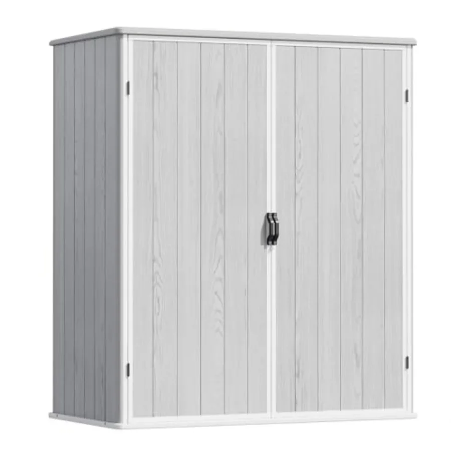 Outdoor storage shed for patio, backyard, and lawn use; resin material; gray color; waterproof, lockable door, includes floor,