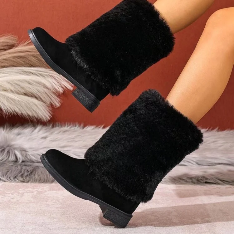 Botas cálidas de piel sintética a media pantorrilla para mujer, parte superior de gamuza, moda informal de invierno, calzado cómodo para uso diario, calzado de tacón bajo