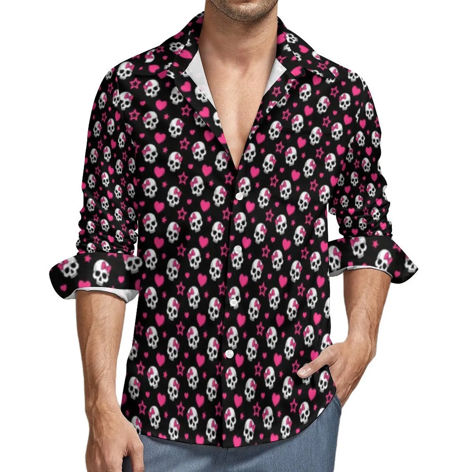 

Men Shirt Floral Skull Print Casual Shirts Long Sleeve Hearts Stars Pattern Fashion Blouse Autumn Novelty Design Oversized Top