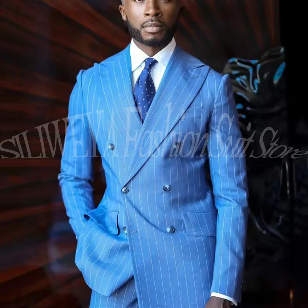 

2026 Men's Elegant Blue Pinstripe Double Breasted Suit Conjuntos De Vestir Hombre Formal Business Wedding Tuxedos 2 Piece Set