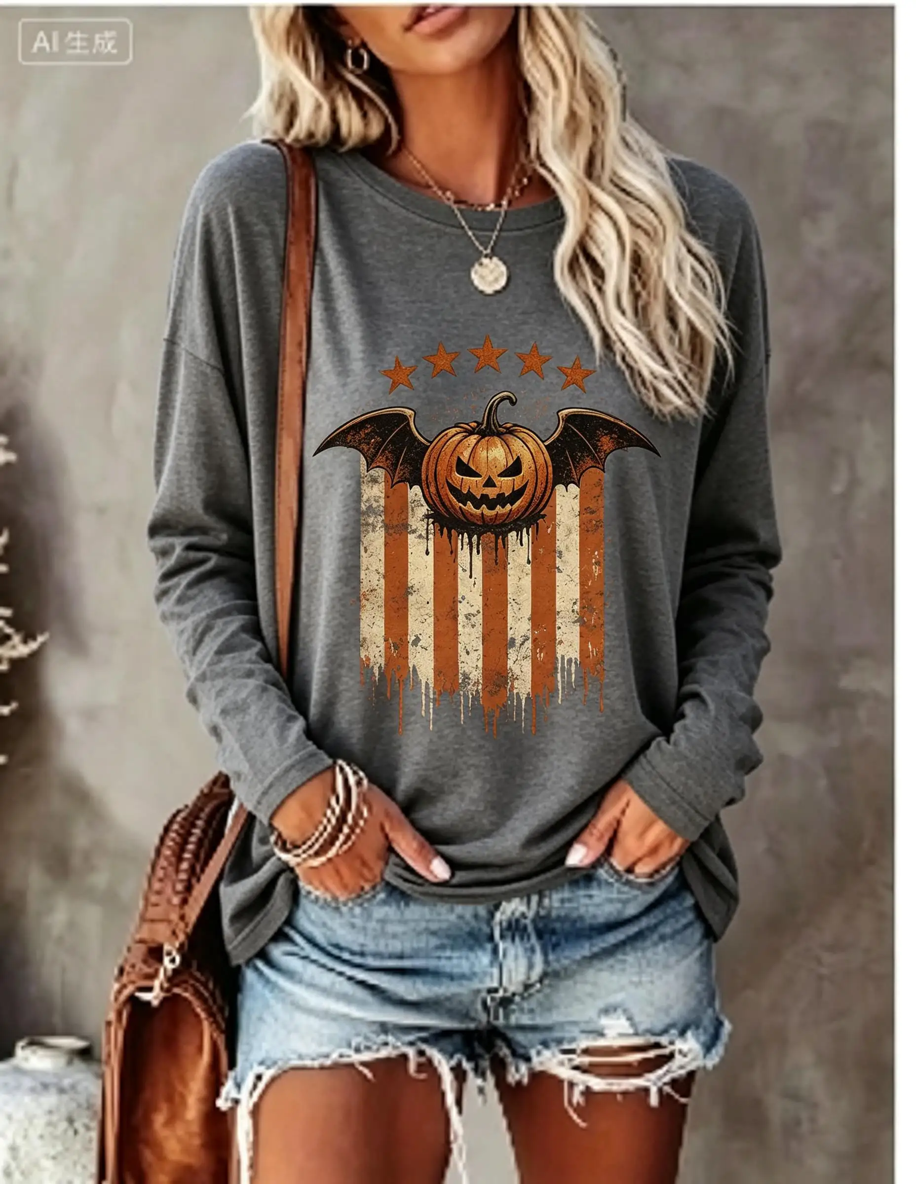 Women Halloween Long Sleeve T‑Shirt Pumpkin Bat Wing Star Vintage Stripe Print Crew Neck Tops