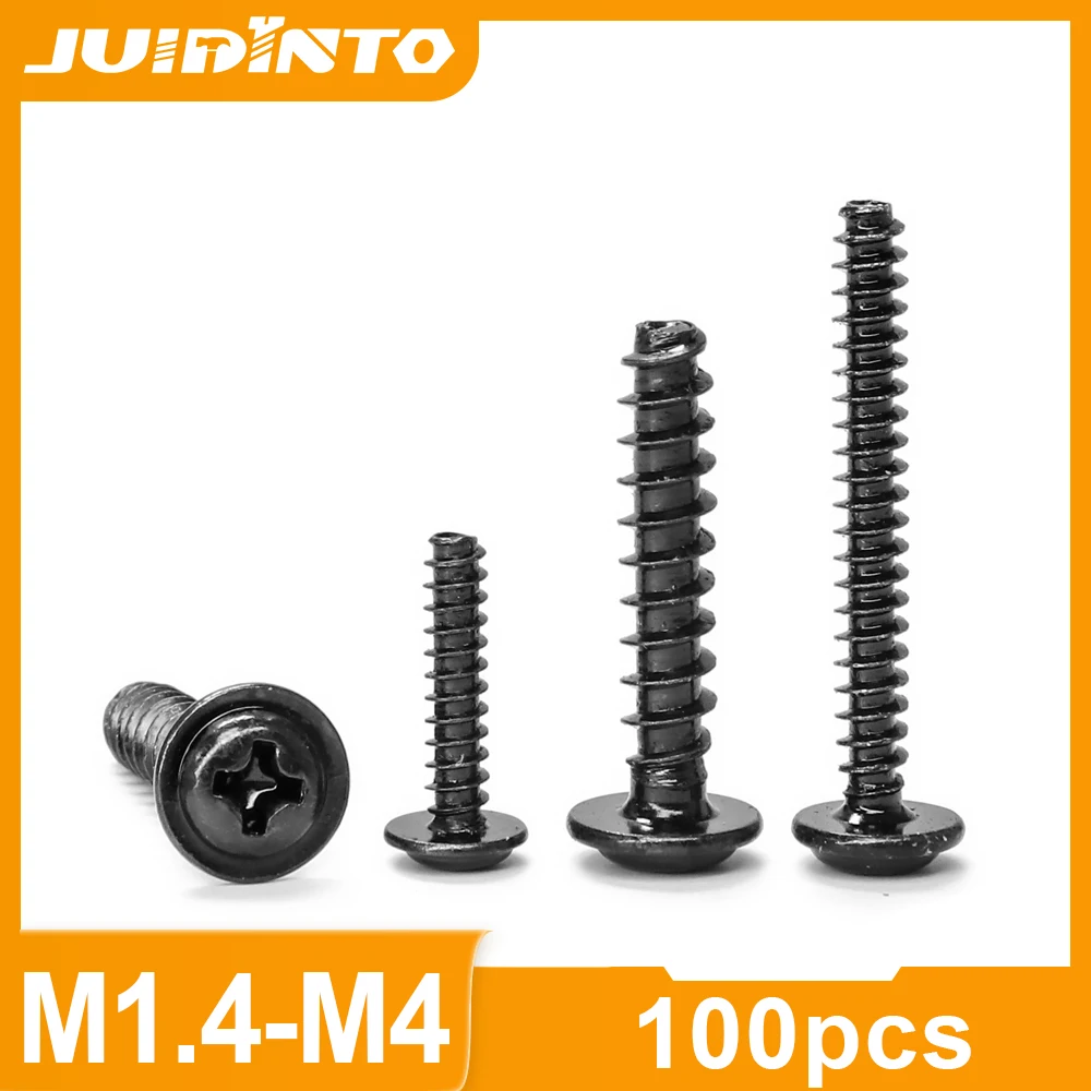JUIDINTO 100pcs Phillips Round Head With Washer Self-tapping Screws M1.4 M1.7 M2 M2.3 M2.6 M3 M4 Carbon Steel Cross PWB Screw