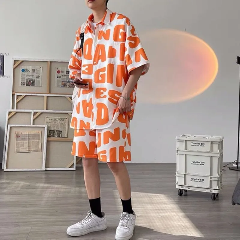 Spring Summer New Fashion Short Sleeved Men's Clothing All Match Casual Korean Style Loose Printed Y2K Button Rope Cambre Suit