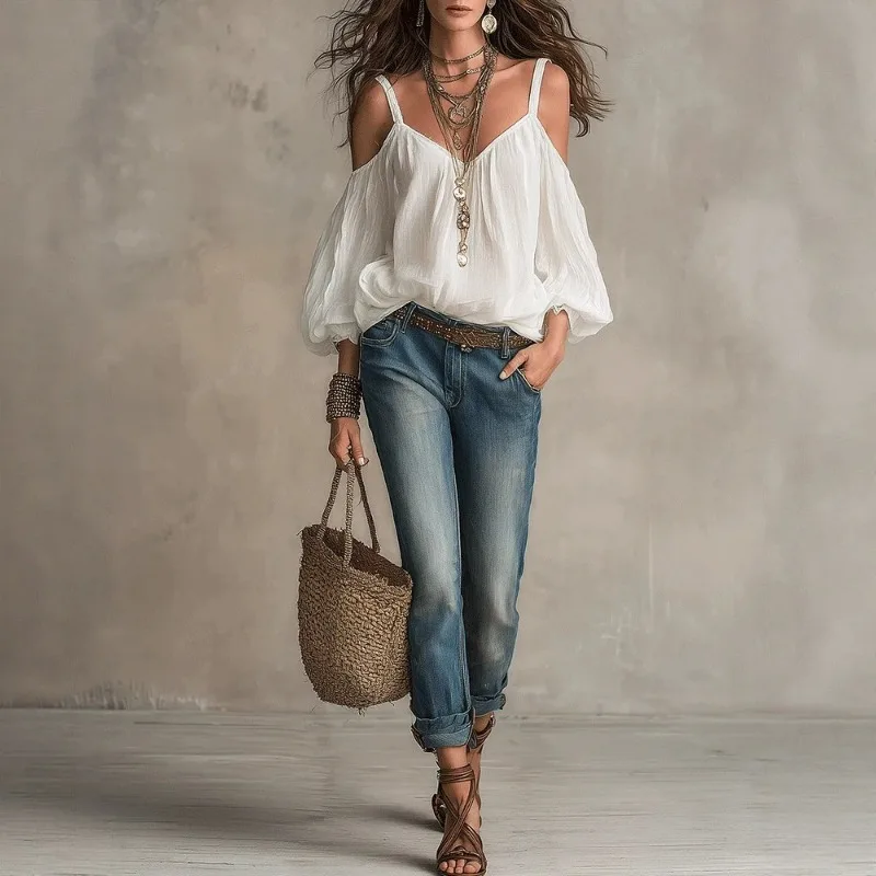New Solid-color Loose and Slimming Top Women Off-the-shoulder Straps and Puffed Sleeves Vacation-style Shirt Europe and America