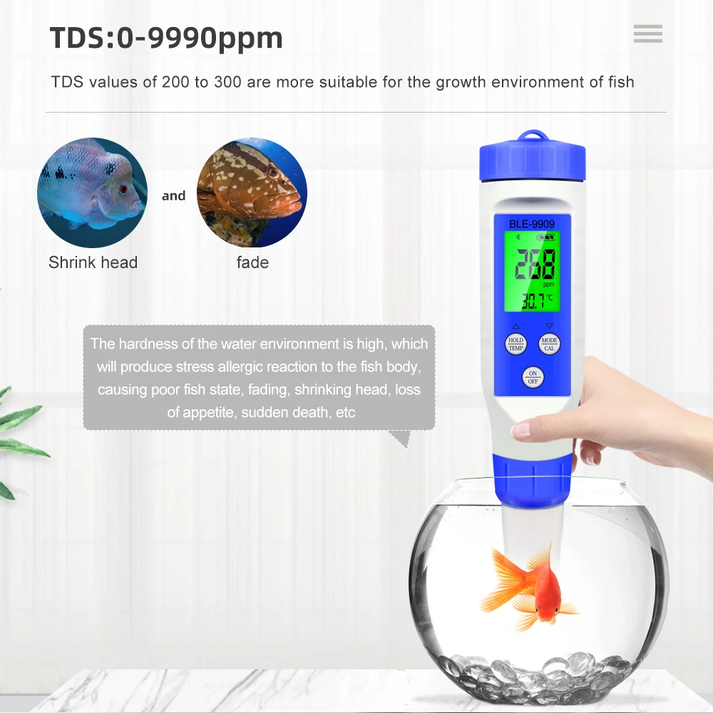 Saquariums用水質計ツール、青色の歯、スマートオンラインモニター、プール、ph、ec、tds、塩分、温度、5 in 1のアプリ制御