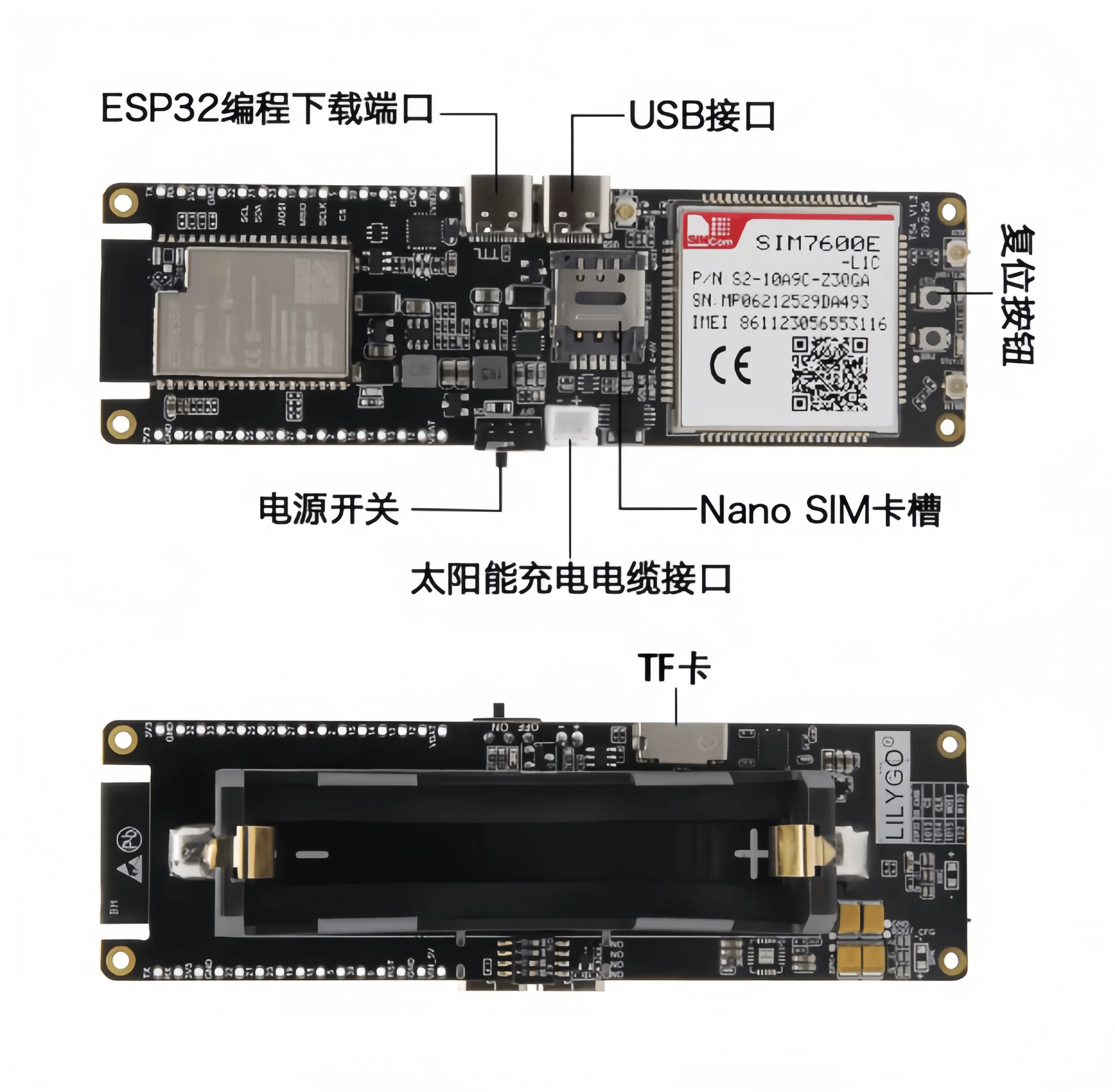 LILYGO® TTGO T-SIM7600E-L1C 4G LTE CAT4 USB Dongle Module ESP32 Chip WiFi Bluetooth 18650 Battery Holder Solar Charge Board