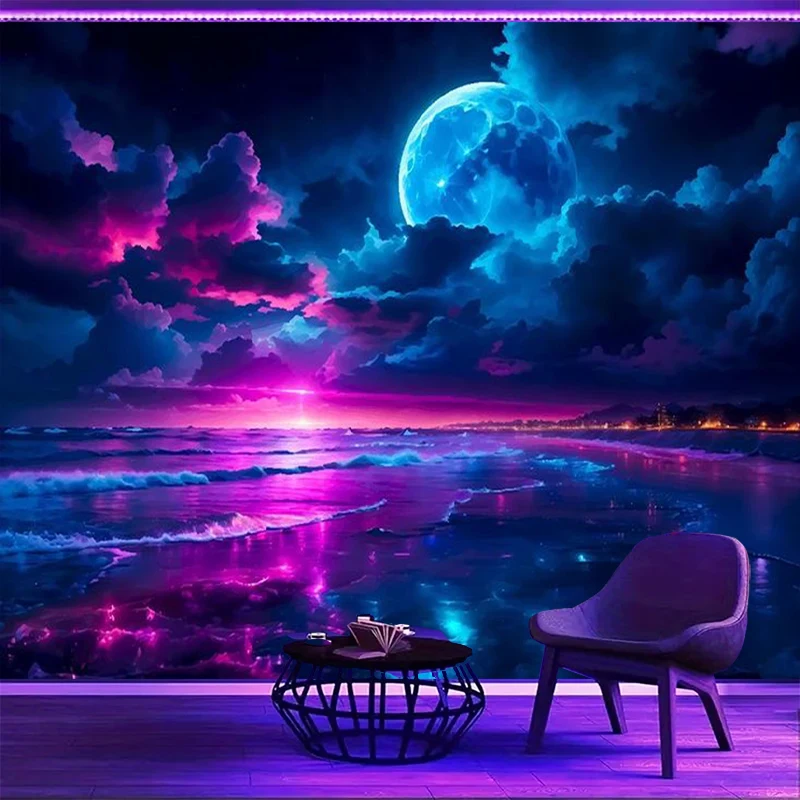 1PC Blue Moon Ocean Art Print Backdrop Banner, Bedroom Living Room Photo Background, Polyester, Home Decor, Wall Art