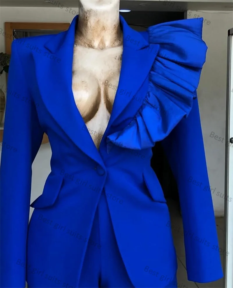 Royal Blue Women Suit Pants Set 2 Piece Blazer+Trousers Formal Office Lady Jacket Ruffles Strap Wedding Tuxedos Coat Tailored