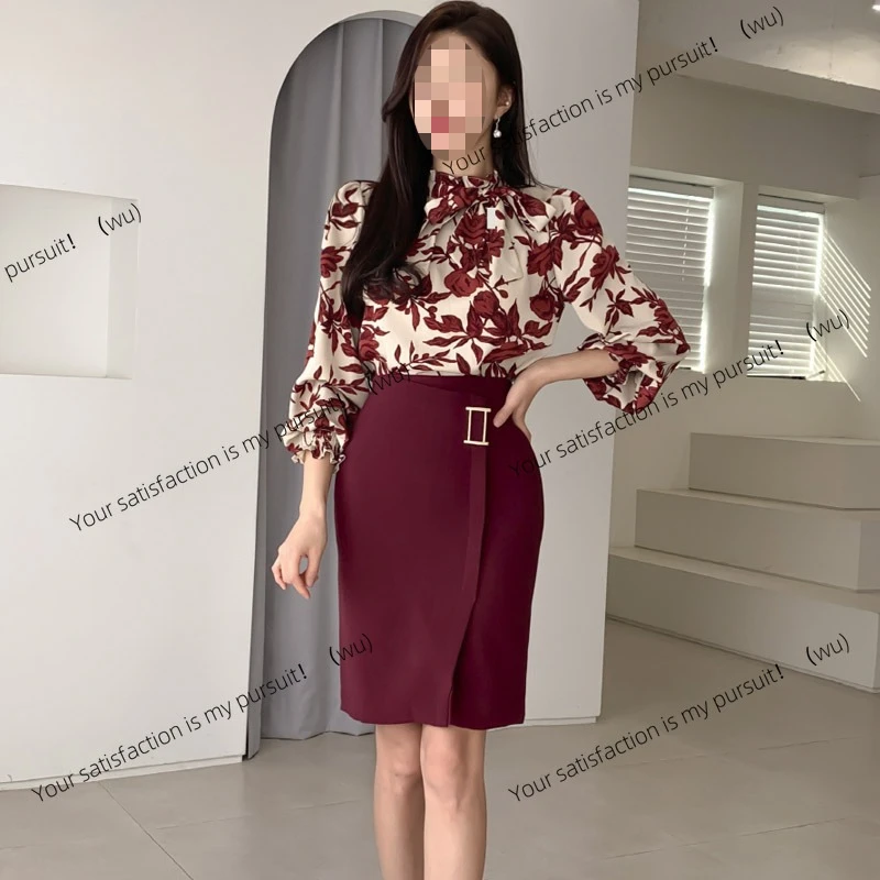 

ZOCI-осенне-зимний темпераментный топ с рукавами-фонариками и принтом, юбка с запахом на бедрах и высокой талией, женский комплект из двух предметов