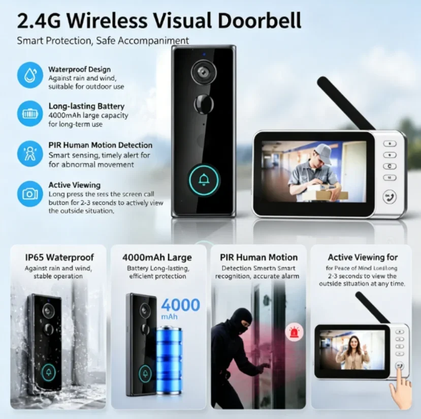 New Waterproof Wireless Doorbell Camera 4.3in IPS Screen Active Wake-Up Video Intercom Doorbell 1080P Home Security Door Bell view 2