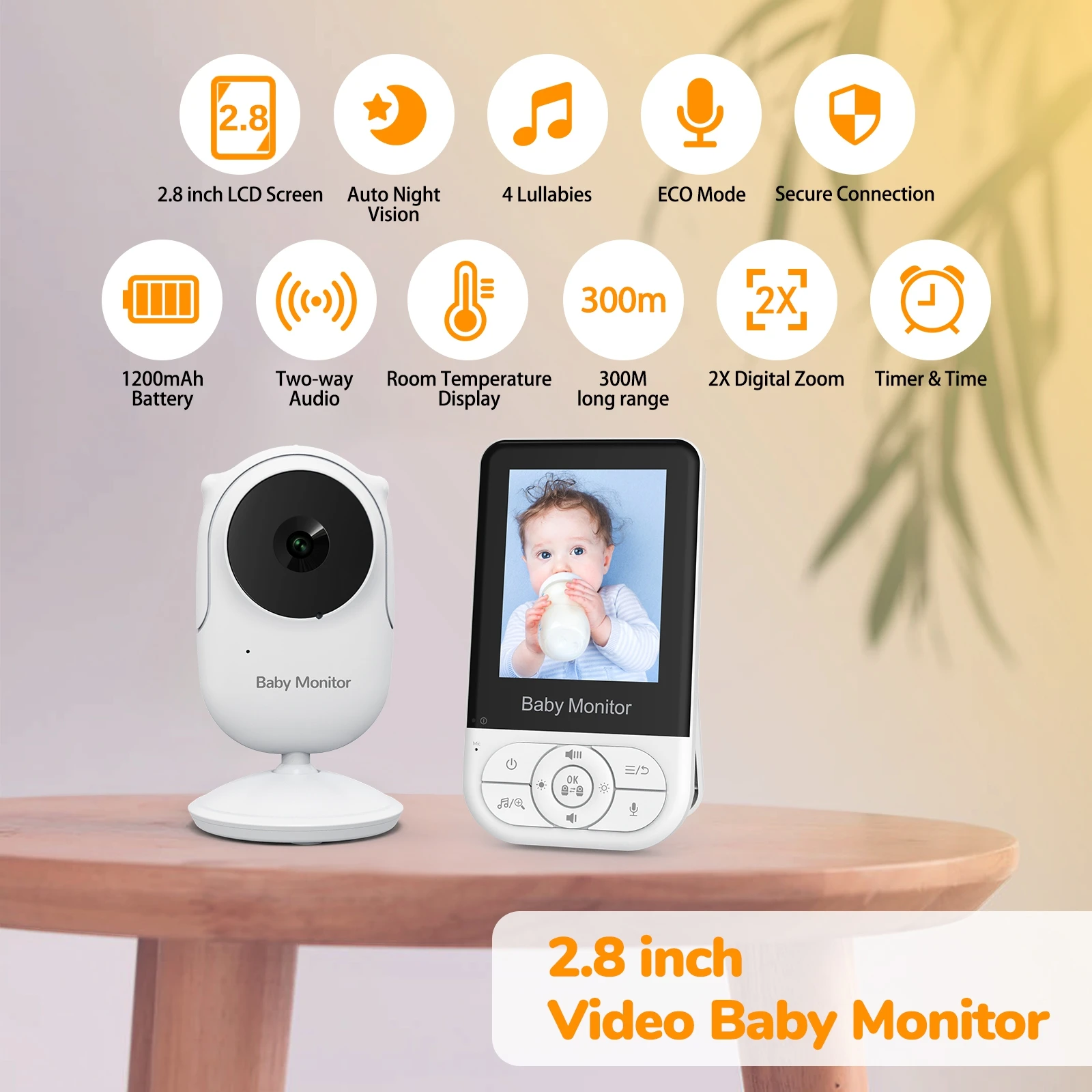 

Baby monitor MC628B 2.8inch LCD screen Two way audio talk Zoom remotely Auto night vision Up to 1000 feet connection range