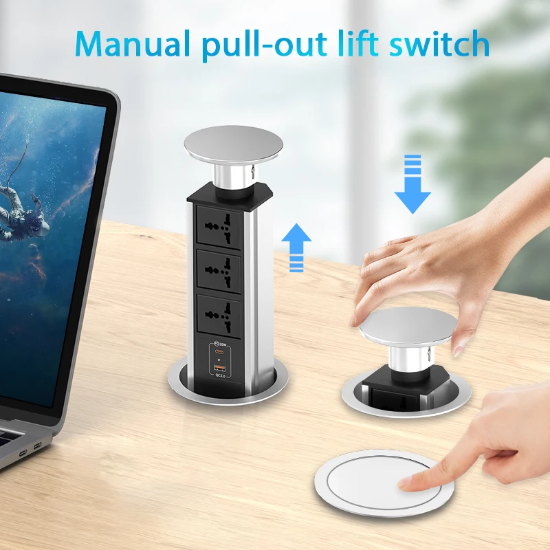 Retractable Vertical Pop-up Universal Power Socket Office Hand Pull Up Pop Up Desk Kitchen Island Recessed Tower Socket