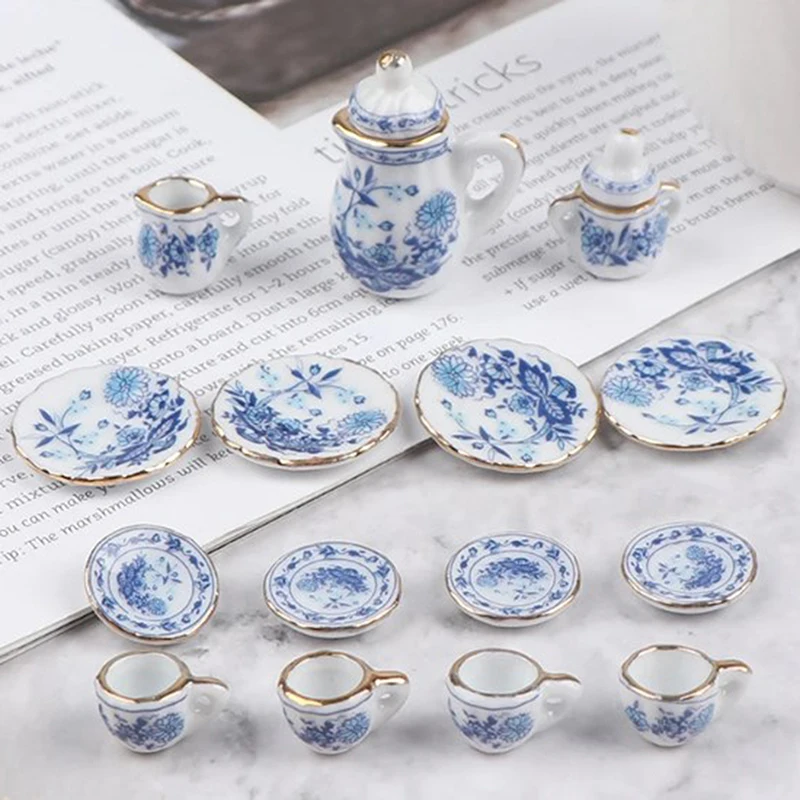 Vajilla en miniatura para casa de muñecas, juego de tazas de té de cerámica y porcelana, accesorios de bricolaje, 15 piezas, 1:12