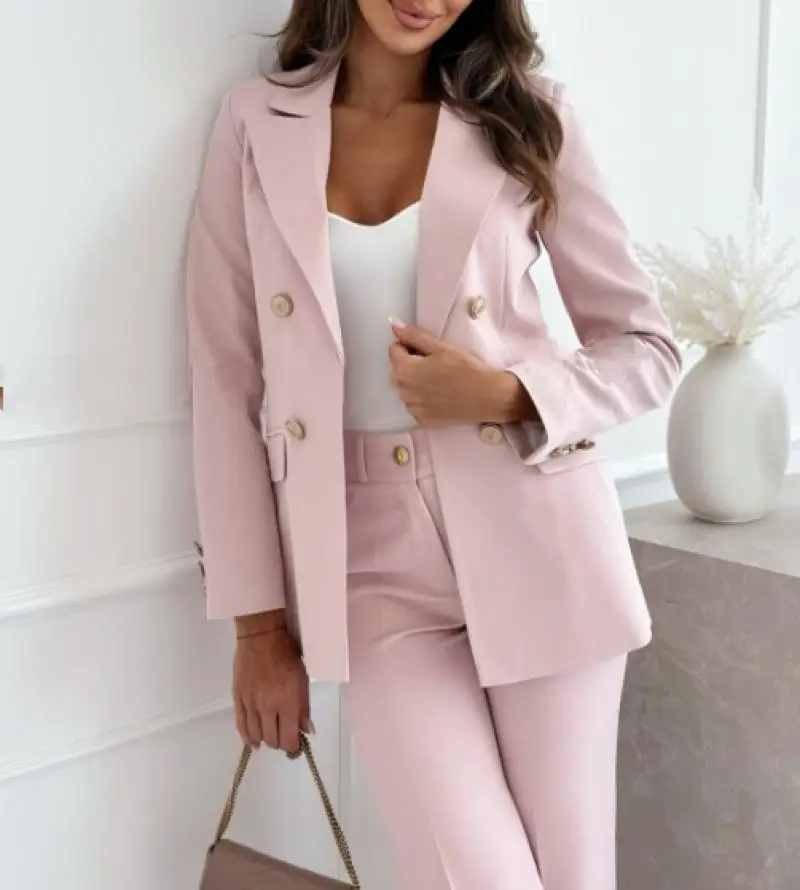 Elegant Autumn Solid Color Suit Jacket Commuting Women\'s Long Sleeved Double Breasted Suit Jacket Urban Women\'s Versatile Jacket