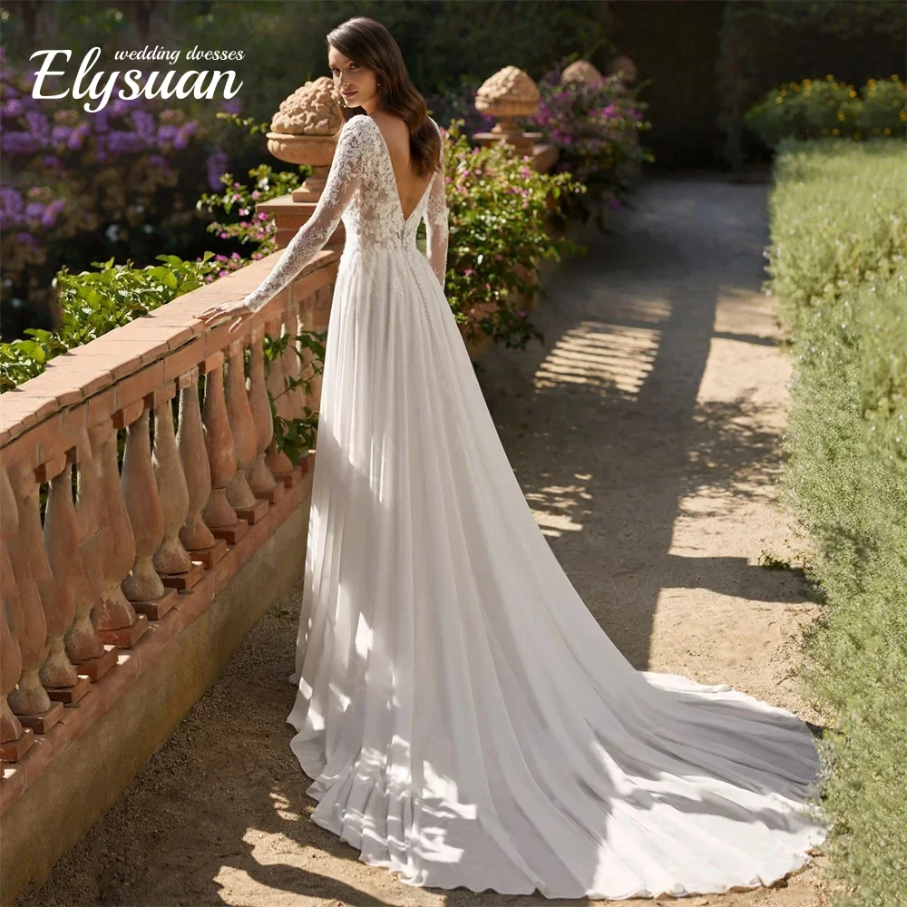 Vestido de novia de playa sin espalda con cuello redondo blanco personalizado Apliques de encaje mangas largas vestidos de novia vestido Formal de corte a