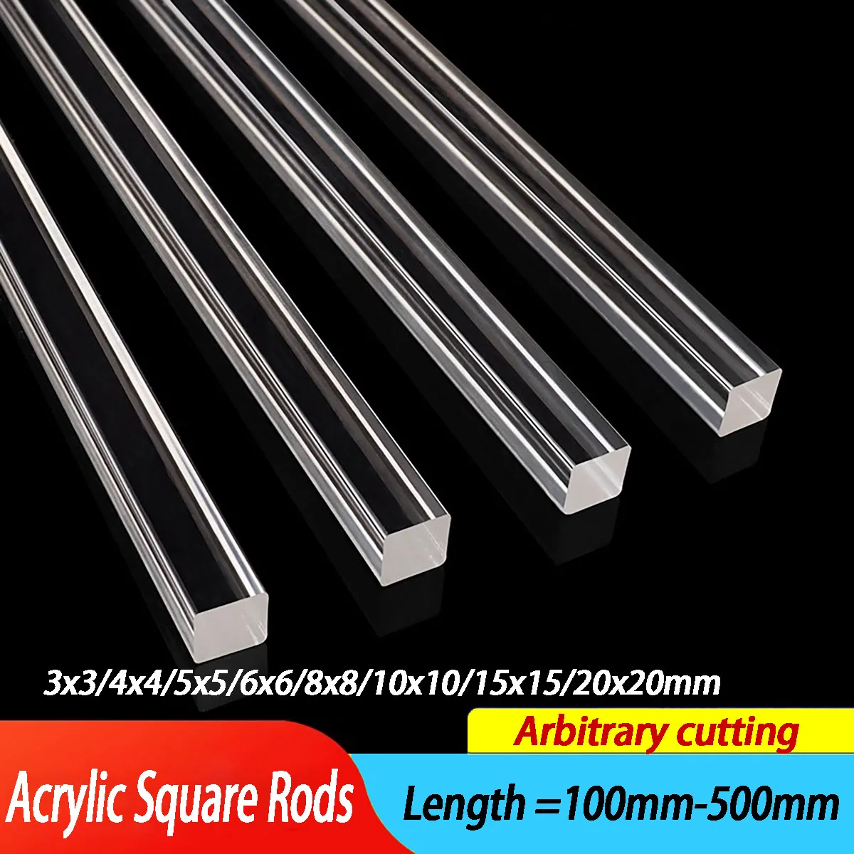 1-20pcs Acrylic Square Rods 3x3/4x4/5x5/6x6/8x8/10x10/15x15/20x20mm  Acrylic  Rods Sticks Length 100/200/300/500mm