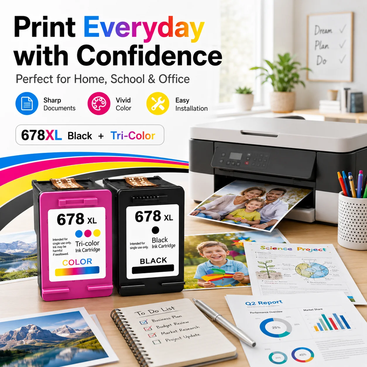 678XL Ink Cartridge 2-Pack Black + Tri-Color Compatible with HP DeskJet 1018 1518 2515 2548 2648 3515 3548 4518