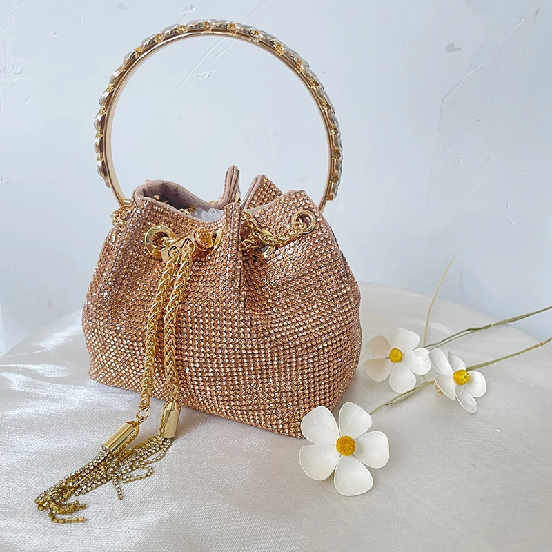 Woman Bucket Champagne Crossbody Metal Chain Bag Ladies Rose Gold Rhinestone Messenger Evening Bag Chic