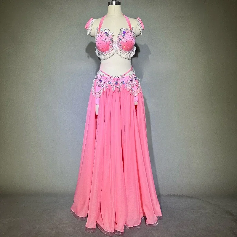 Bellydance-Performance-Kleidungsset für Damen, handgefertigter BH + Chiffonrock + Gürtel, hochwertige, maßgeschneiderte Tanzkleidung – Detail 1