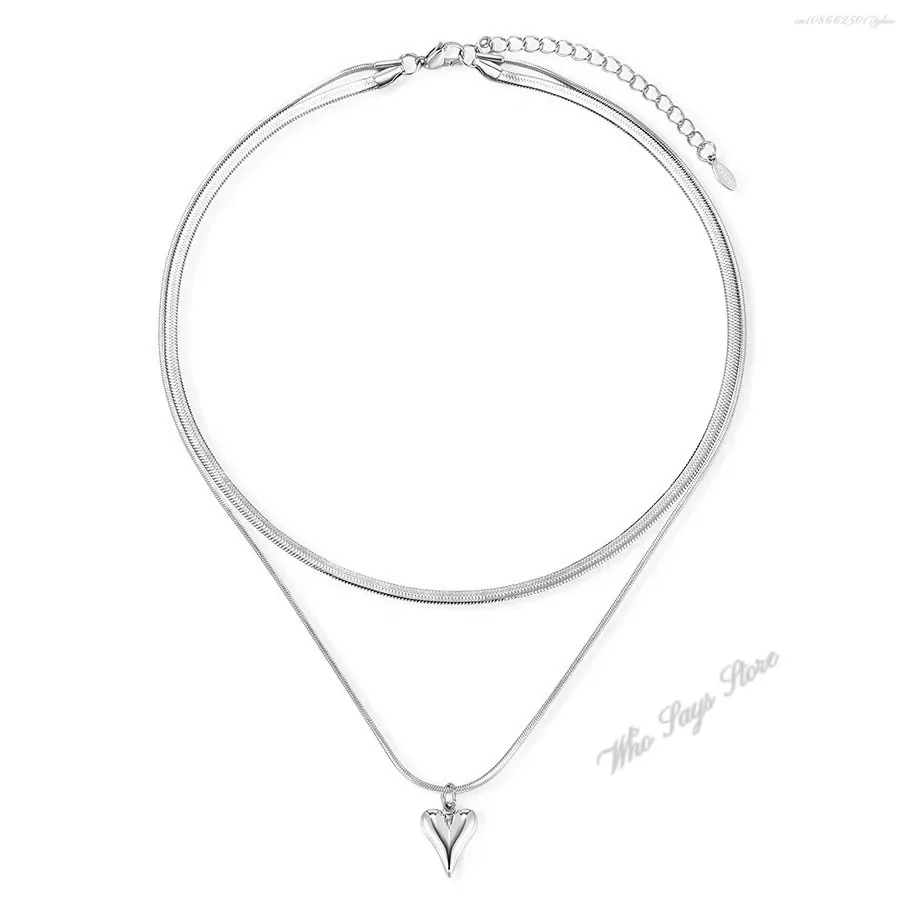 Stainless Steel Necklace Double Layered Love Heart Pendant Necklace for Women Simple Silver Color Long Neck Chain Female Jewelry