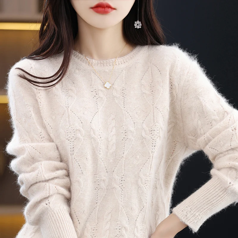 100% Mink Cashmere Sweater Women\'s O-neck Pullover Loose Knitted Underlay Autumn/Winter Long Sleeve Fashion Cashmere Top