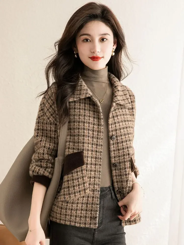 Velvet Warm Outerwear Winter Coffee Plaid Check Women's Wool & Blend Blazers Casual High Quality Female Tweed Coats and Jackets